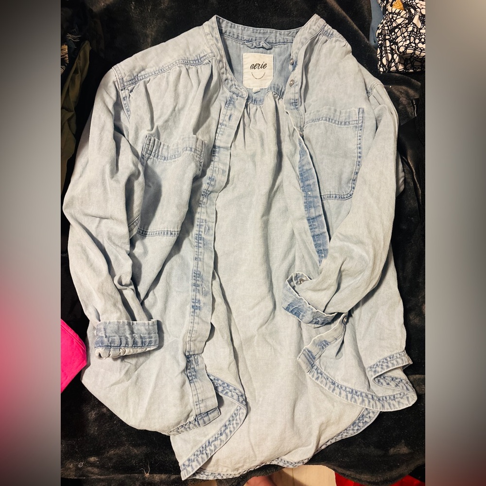 aerie Light Wash Denim Button-Down Shirt